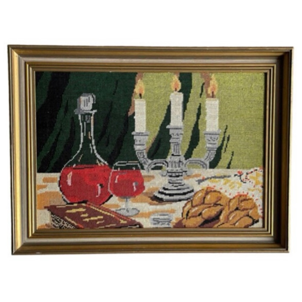 Vintage Judiaica Cross Stitch Still Life Artwork Framed Colorful Shabbat Dinner